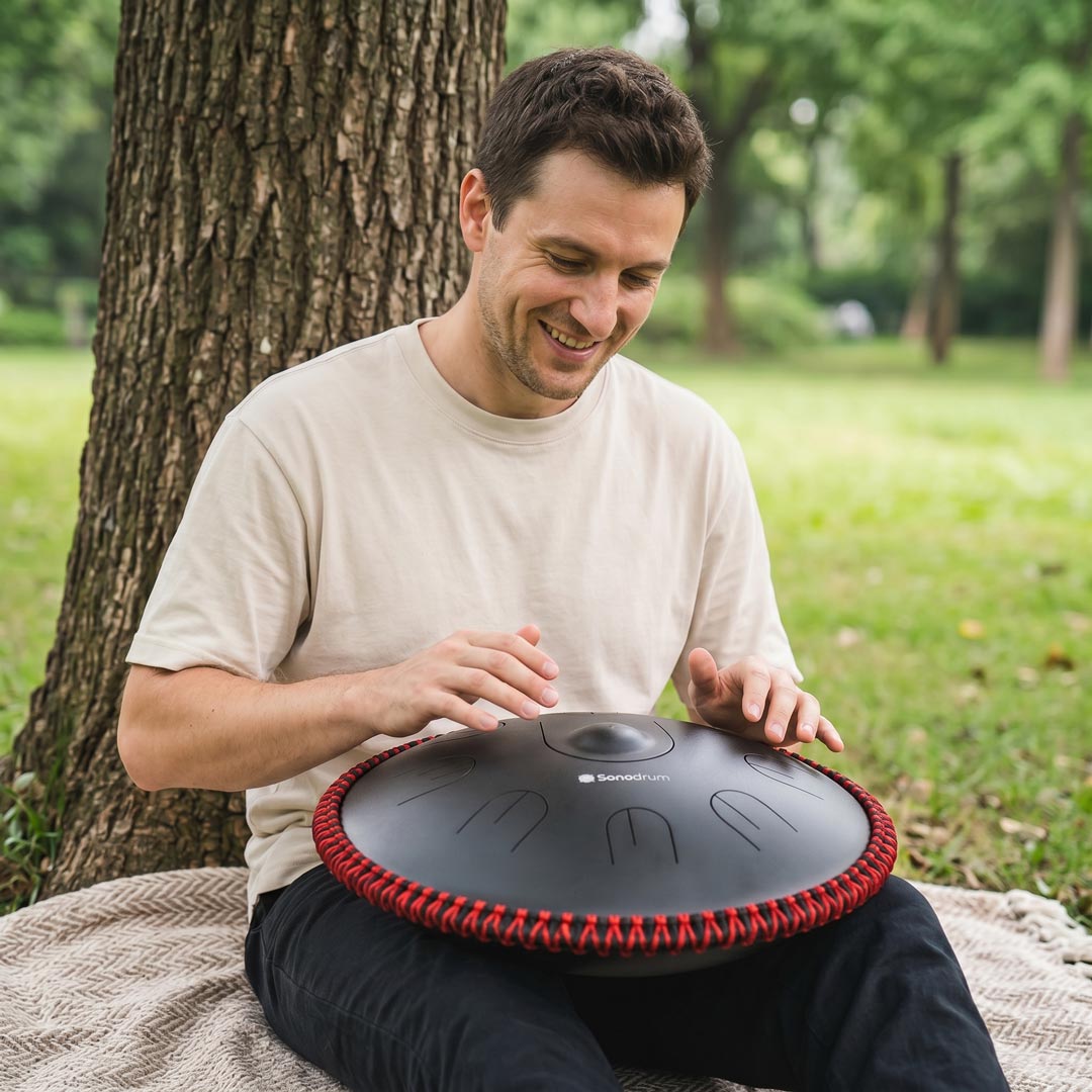 sonodrum handpan hybrid in schwarz von mann outdoor gespielt 