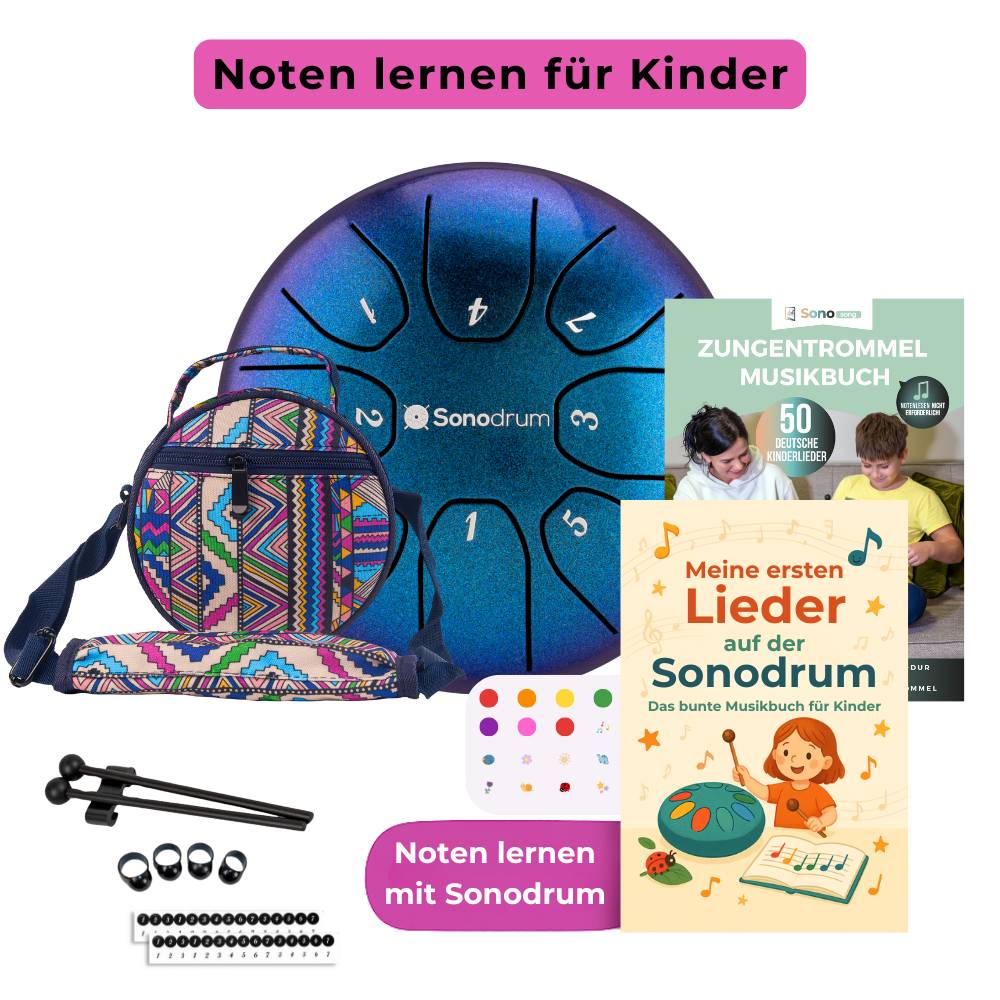 Sonodrum Kinder Starter Set – Zungentrommel mit bunter Tasche, Schlägeln und Zubehör