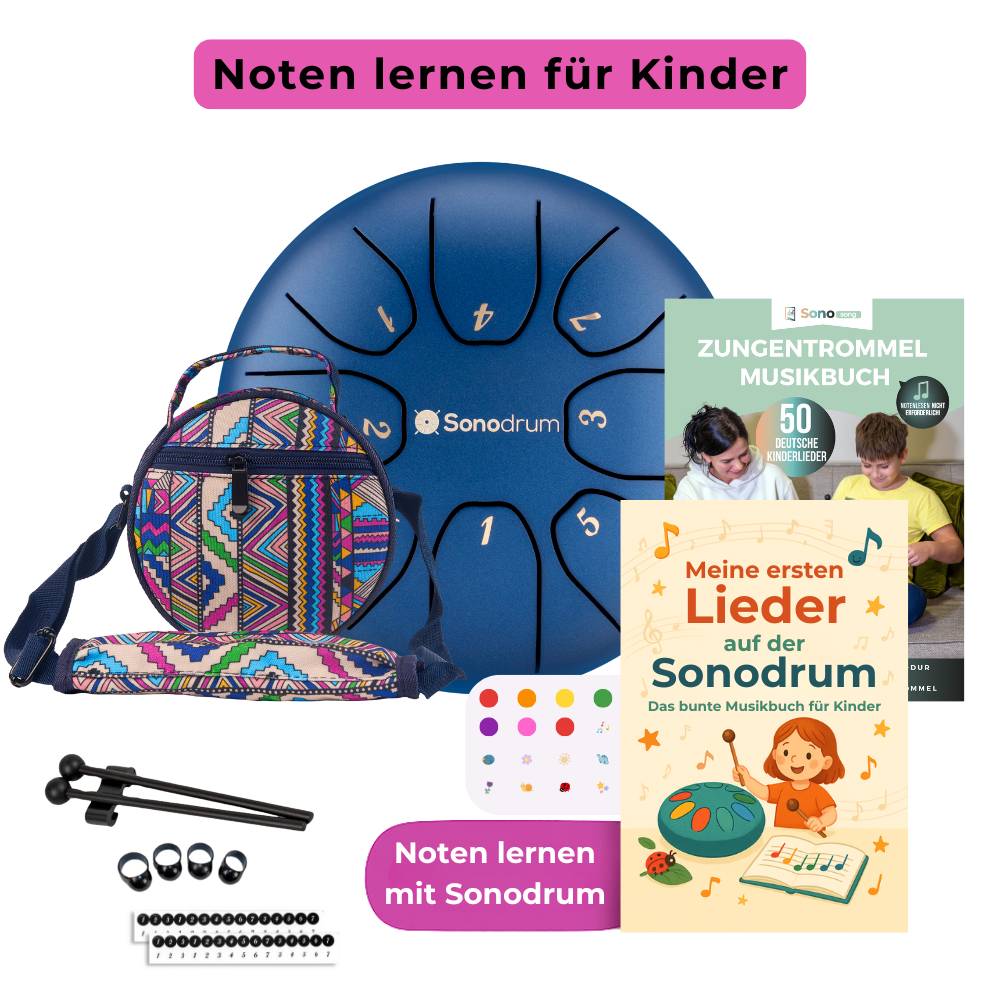 Sonodrum Kinder Starter Set – Zungentrommel mit bunter Tasche, Schlägeln und Zubehör