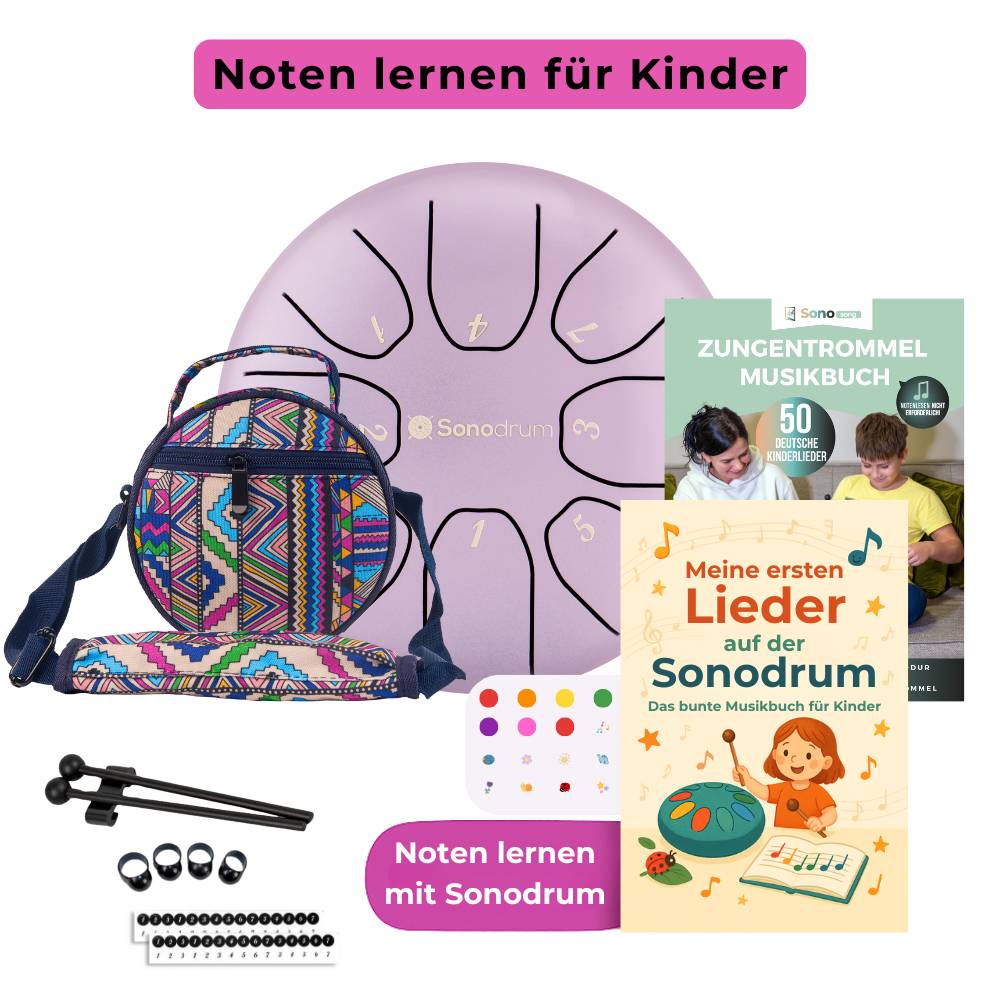 Sonodrum Kinder Starter Set – Zungentrommel mit bunter Tasche, Schlägeln und Zubehör