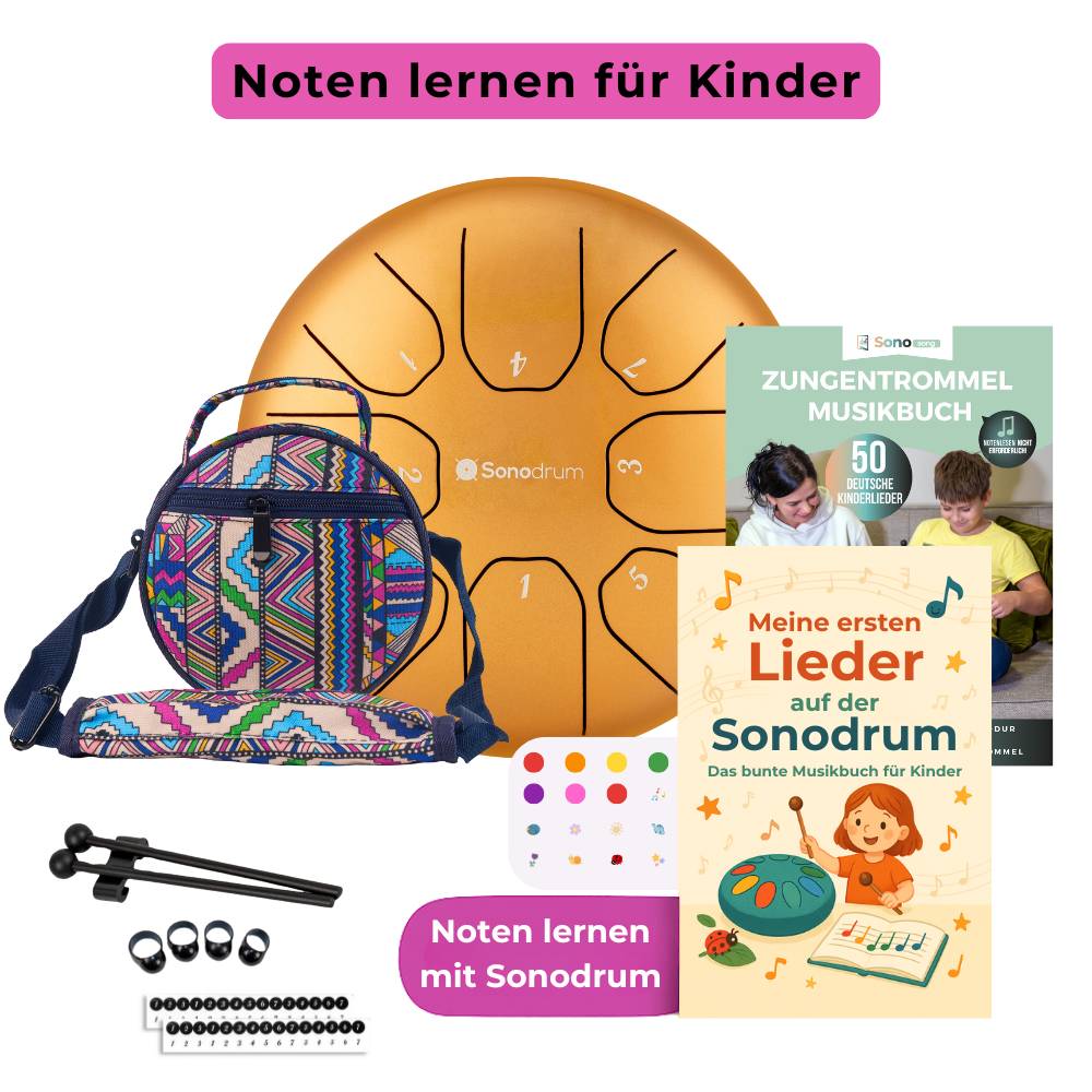 Sonodrum Kinder Starter Set – Zungentrommel mit bunter Tasche, Schlägeln und Zubehör