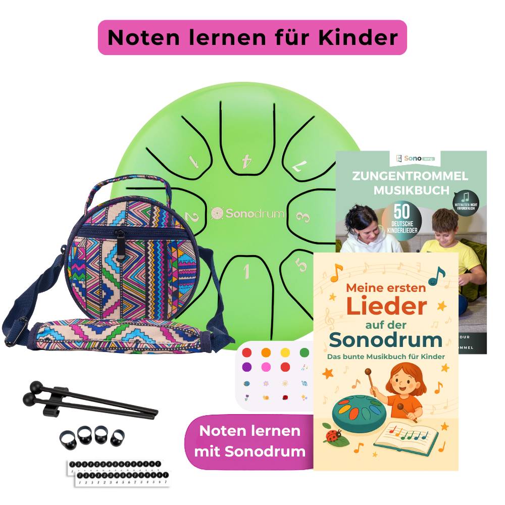 Sonodrum Kinder Starter Set – Zungentrommel mit bunter Tasche, Schlägeln und Zubehör
