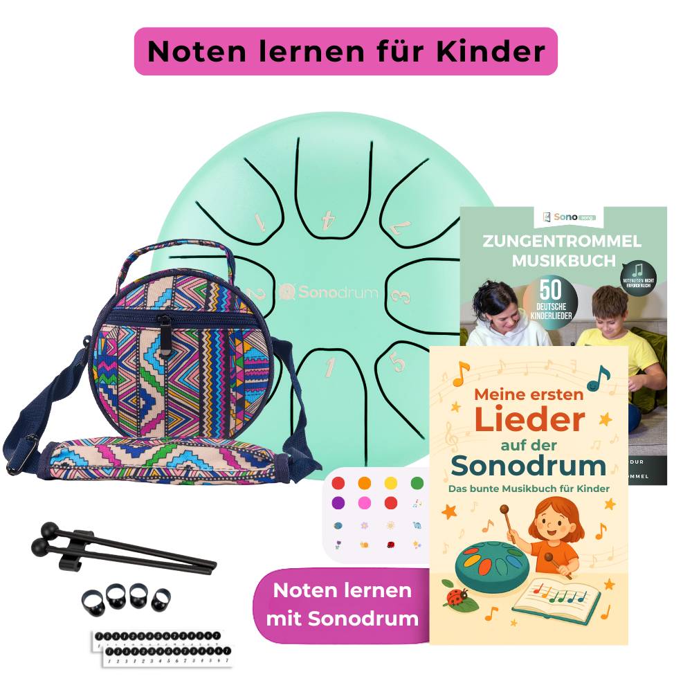 Sonodrum Kinder Starter Set – Zungentrommel mit bunter Tasche, Schlägeln und Zubehör