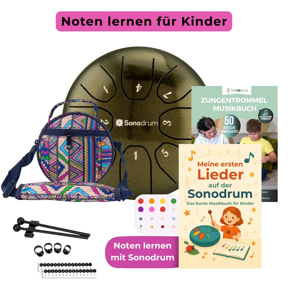Sonodrum Kinder Starter Set – Zungentrommel mit bunter Tasche, Schlägeln und Zubehör