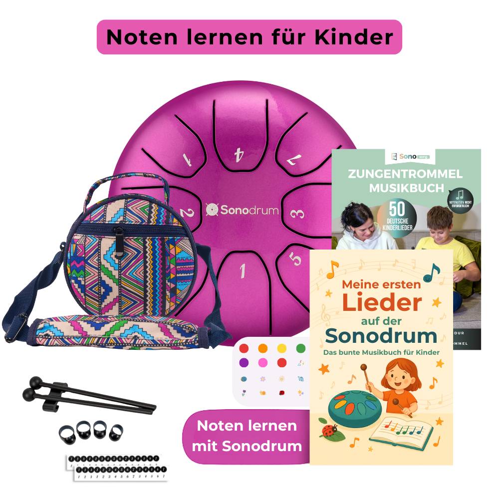 Sonodrum Kinder Starter Set – Zungentrommel mit bunter Tasche, Schlägeln und Zubehör