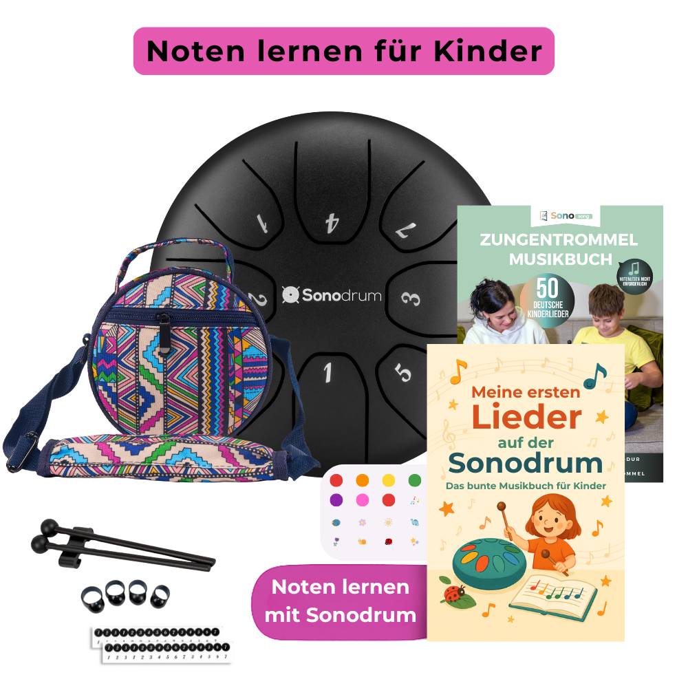 Sonodrum Kinder Starter Set – Zungentrommel mit bunter Tasche, Schlägeln und Zubehör