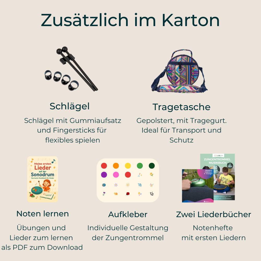 Komplettes Zubehör für Sonodrum Kinder Starter Set – Schlägel, Fingerschlägel und Schutzband