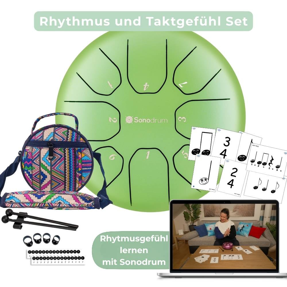 Sonodrum „Standard“ Rhythmus-Set – Zungentrommel (14/20 cm) + Happy Beatz Lernkarten & Videokurs | Floh im Ohr TV