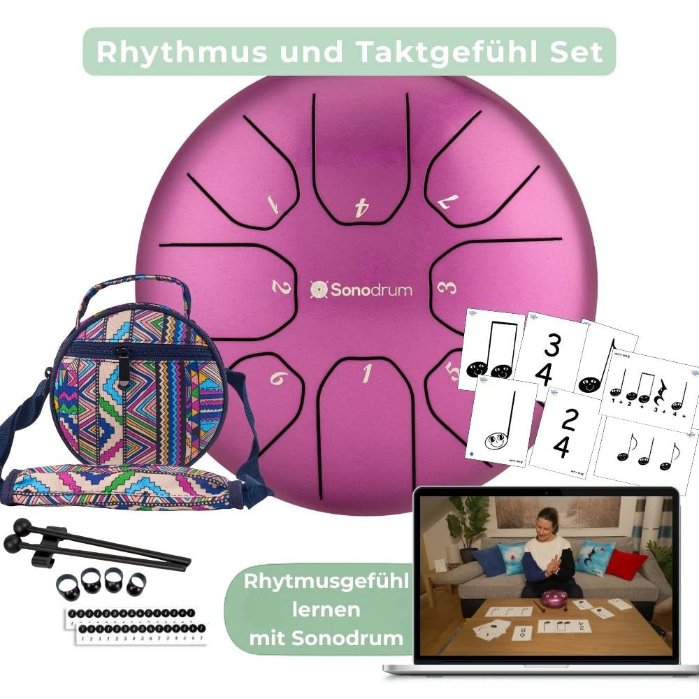 Sonodrum „Standard“ Rhythmus-Set – Zungentrommel (14/20 cm) + Happy Beatz Lernkarten & Videokurs | Floh im Ohr TV
