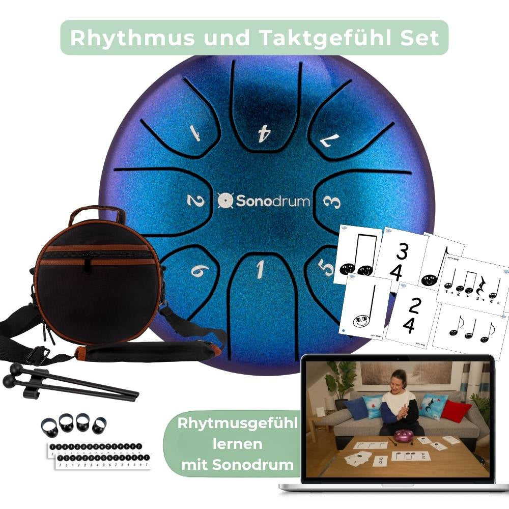 Sonodrum „Standard“ Rhythmus-Set – Zungentrommel (14/20 cm) + Happy Beatz Lernkarten & Videokurs | Floh im Ohr TV