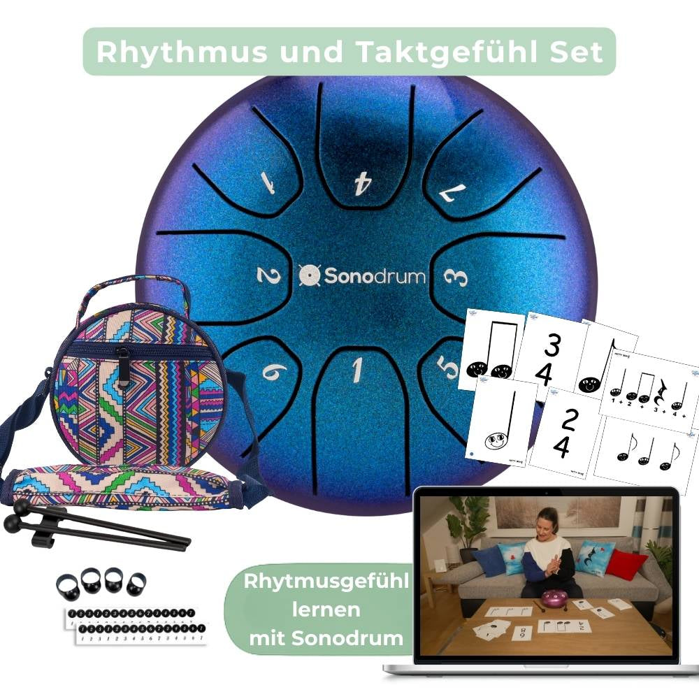 Sonodrum „Standard“ Rhythmus-Set – Zungentrommel (14/20 cm) + Happy Beatz Lernkarten & Videokurs | Floh im Ohr TV
