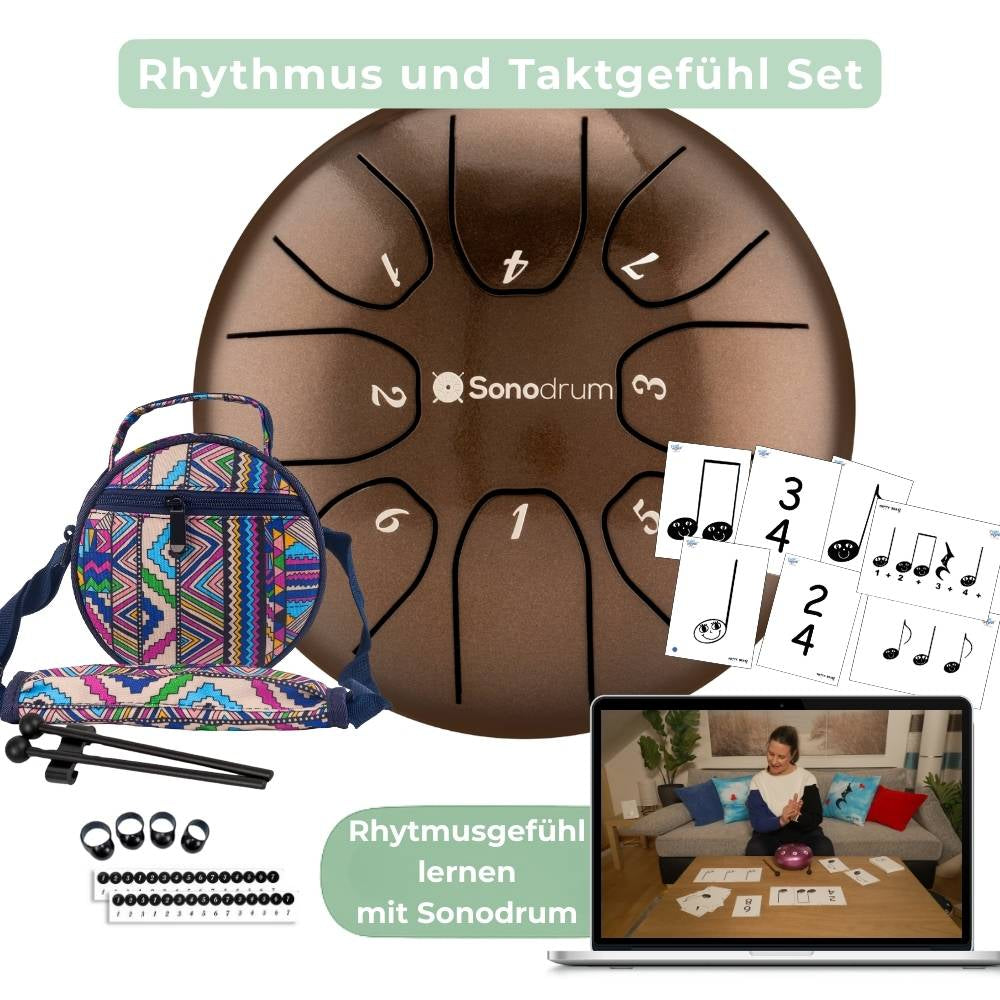 Sonodrum „Standard“ Rhythmus-Set – Zungentrommel (14/20 cm) + Happy Beatz Lernkarten & Videokurs | Floh im Ohr TV