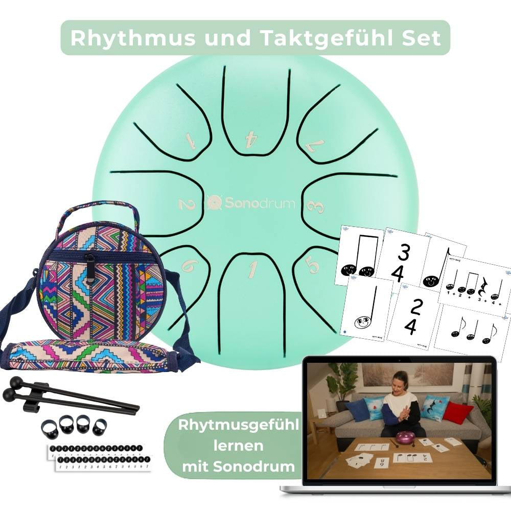 Sonodrum „Standard“ Rhythmus-Set – Zungentrommel (14/20 cm) + Happy Beatz Lernkarten & Videokurs | Floh im Ohr TV