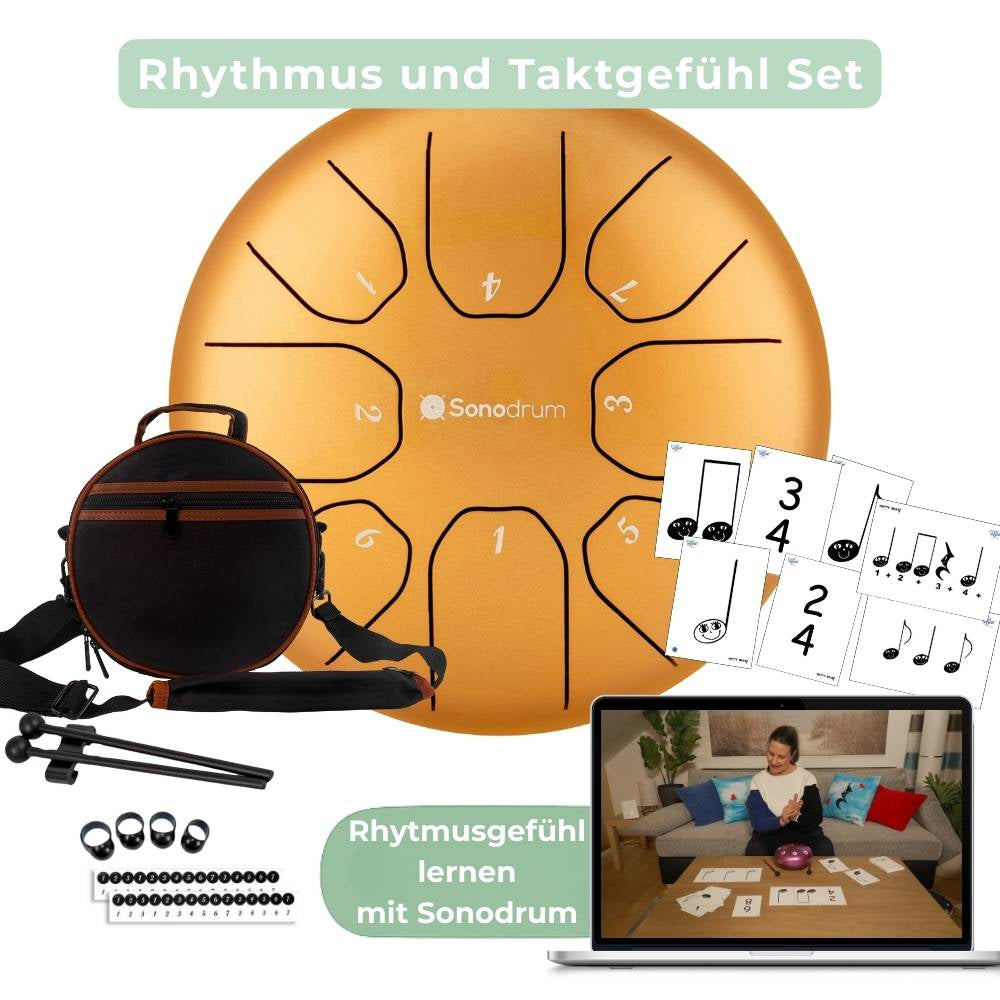 Sonodrum „Standard“ Rhythmus-Set – Zungentrommel (14/20 cm) + Happy Beatz Lernkarten & Videokurs | Floh im Ohr TV