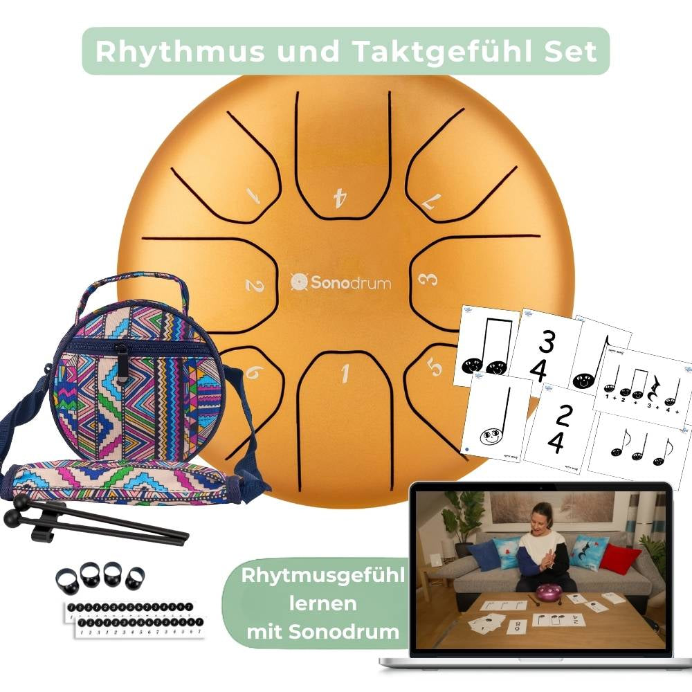 Sonodrum „Standard“ Rhythmus-Set – Zungentrommel (14/20 cm) + Happy Beatz Lernkarten & Videokurs | Floh im Ohr TV