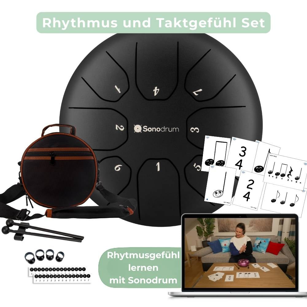 Sonodrum „Standard“ Rhythmus-Set – Zungentrommel (14/20 cm) + Happy Beatz Lernkarten & Videokurs | Floh im Ohr TV