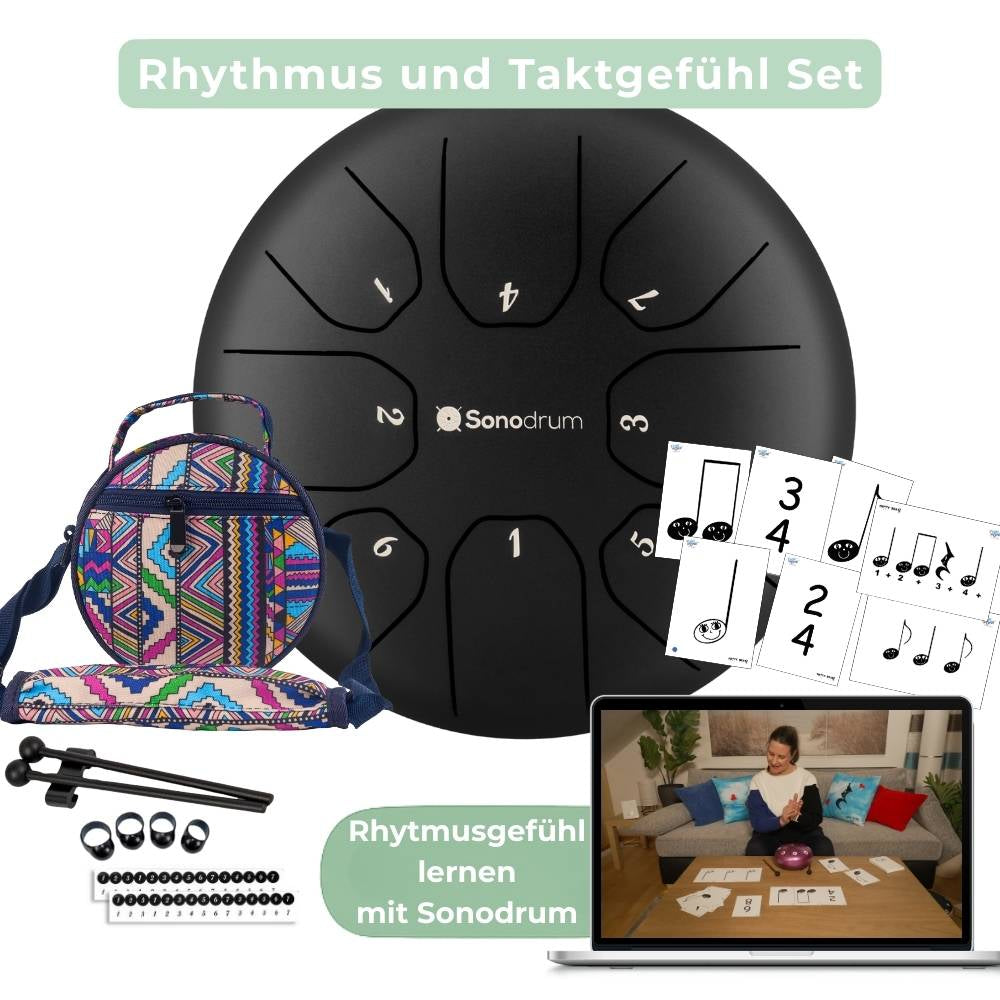 Sonodrum „Standard“ Rhythmus-Set – Zungentrommel (14/20 cm) + Happy Beatz Lernkarten & Videokurs | Floh im Ohr TV