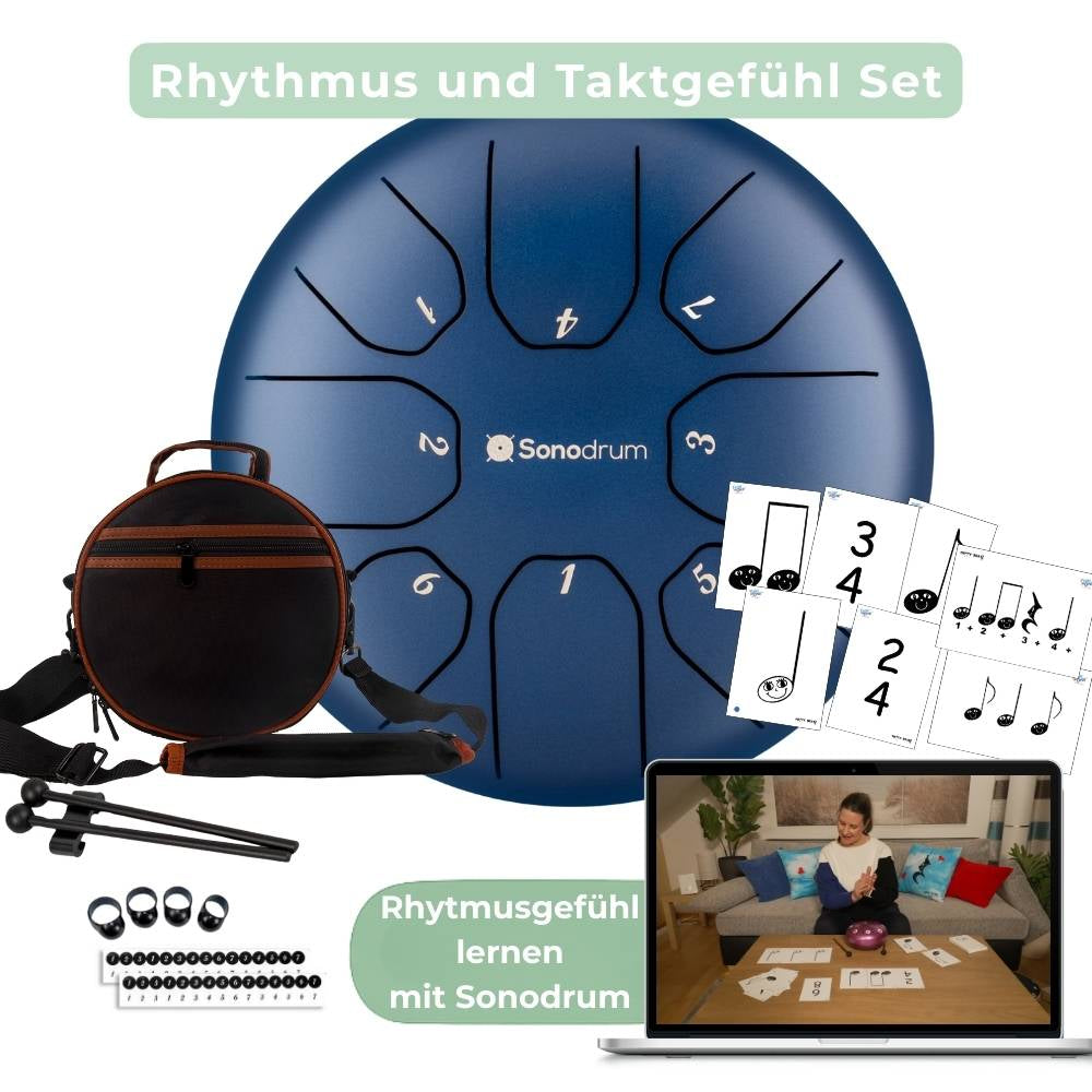 Sonodrum „Standard“ Rhythmus-Set – Zungentrommel (14/20 cm) + Happy Beatz Lernkarten & Videokurs | Floh im Ohr TV