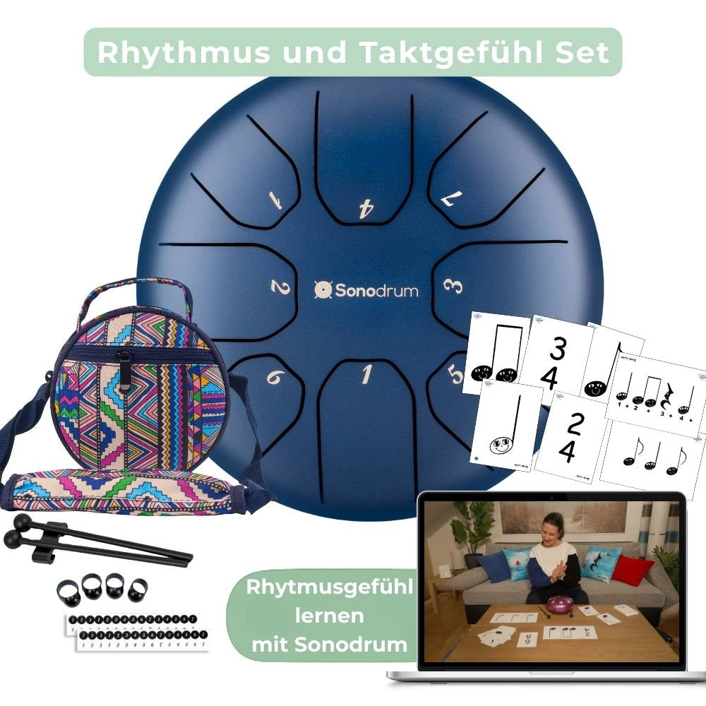Sonodrum „Standard“ Rhythmus-Set – Zungentrommel (14/20 cm) + Happy Beatz Lernkarten & Videokurs | Floh im Ohr TV