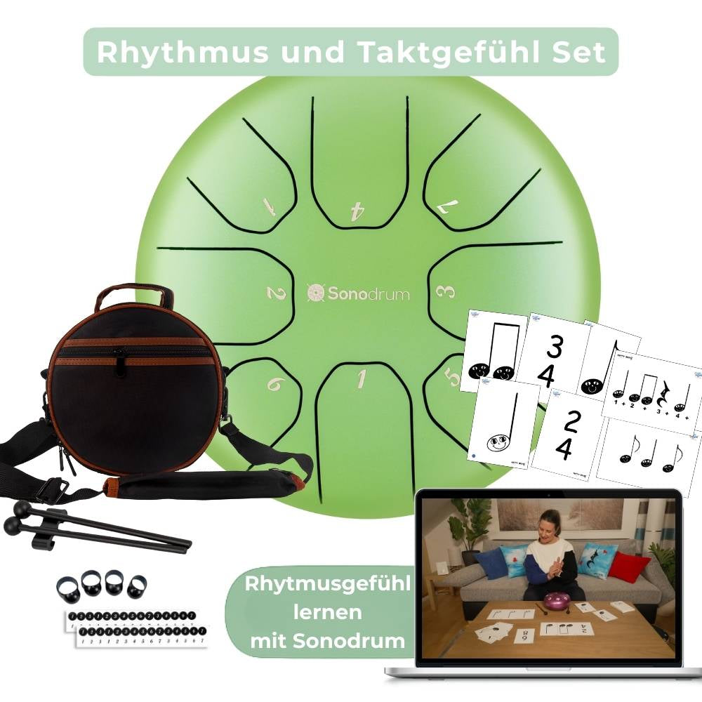 Sonodrum „Standard“ Rhythmus-Set – Zungentrommel (14/20 cm) + Happy Beatz Lernkarten & Videokurs | Floh im Ohr TV