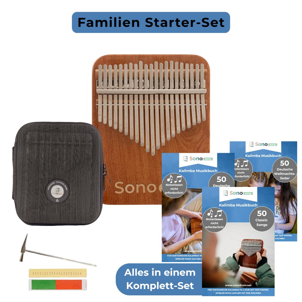 Sonodrum Kalimba Familien Starter Set – Kalimba aus afrikanischem Korallenholz mit Tasche und 3 Musikbüchern