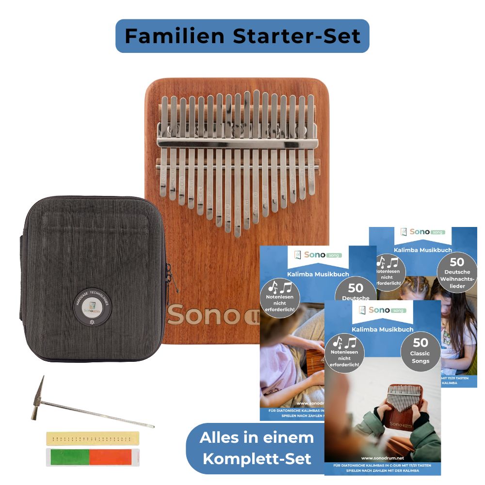 Sonodrum Kalimba Familien Starter Set – Kalimba aus afrikanischem Korallenholz mit Tasche und 3 Musikbüchern