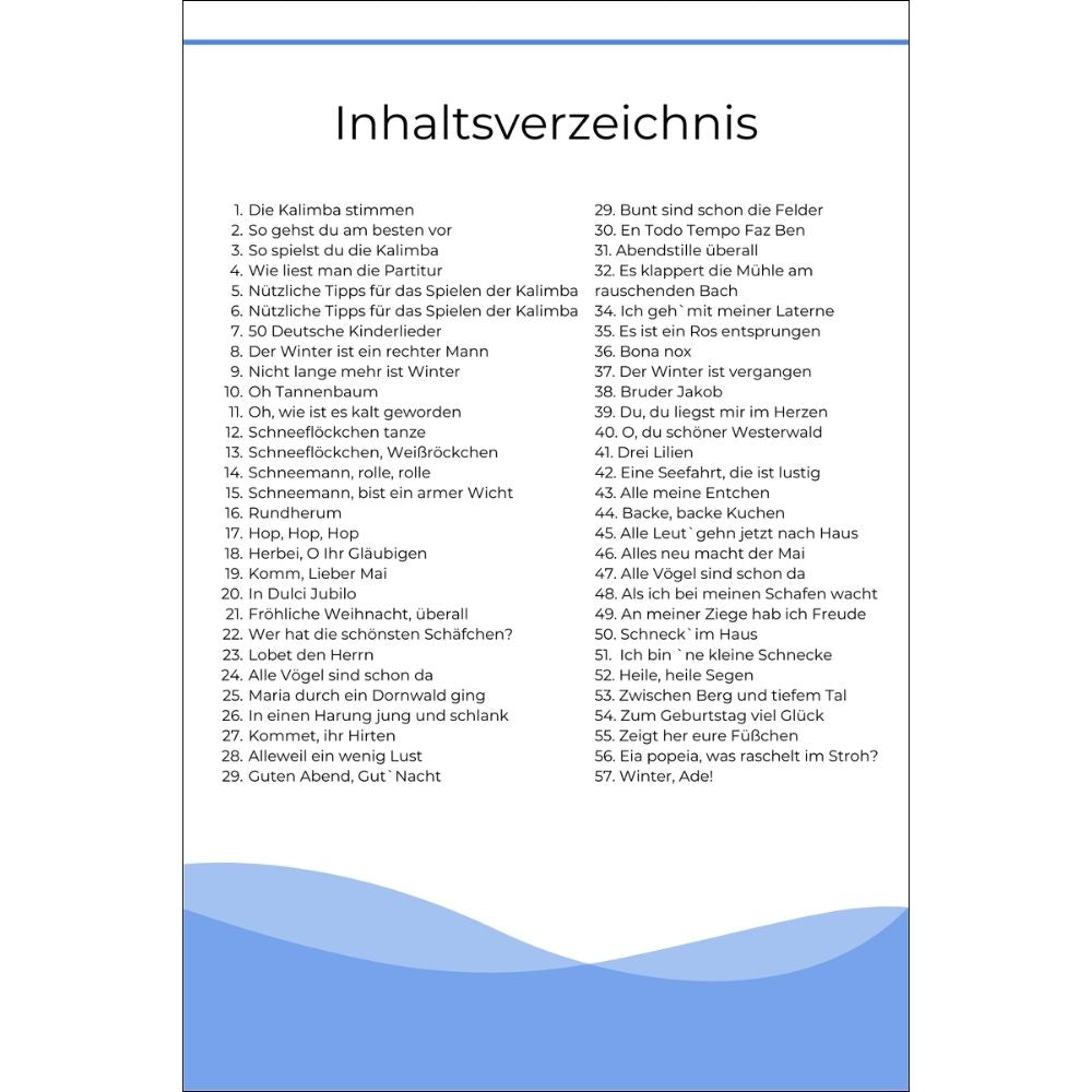 Kalimba Musikbuch - 50 Deutsche Kinderlieder - Für alle Kalimbas in C-Dur mit 17 / 21 Tasten - PDF zum Download - Inhaltsverzeichnis