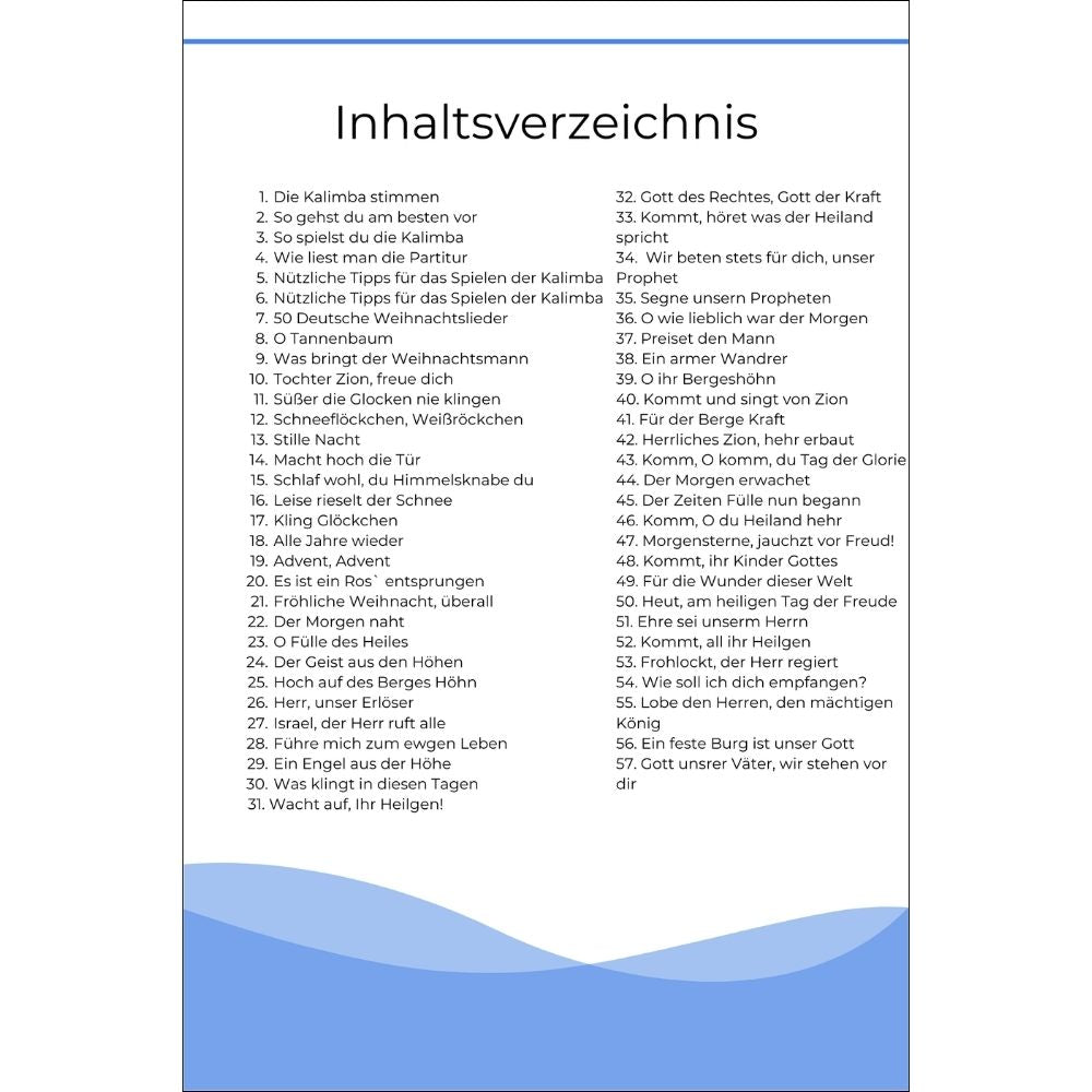 Kalimba Musikbuch - 50 Deutsche Weihnachtslieder - Für alle Kalimbas in C-Dur mit 17 / 21 Tasten - PDF zum Download - Inhaltsverzeichnis