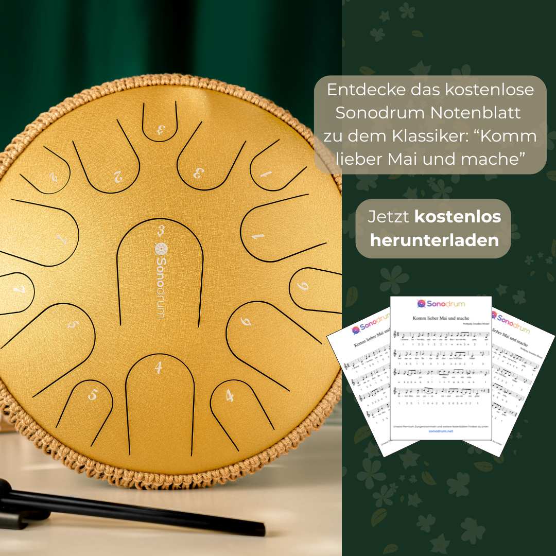 Zungentrommel in Gold mit Notenzahlen und kostenloses Frühlings-Notenblatt „Komm, lieber Mai und mache“ zum Download auf sonodrum.net