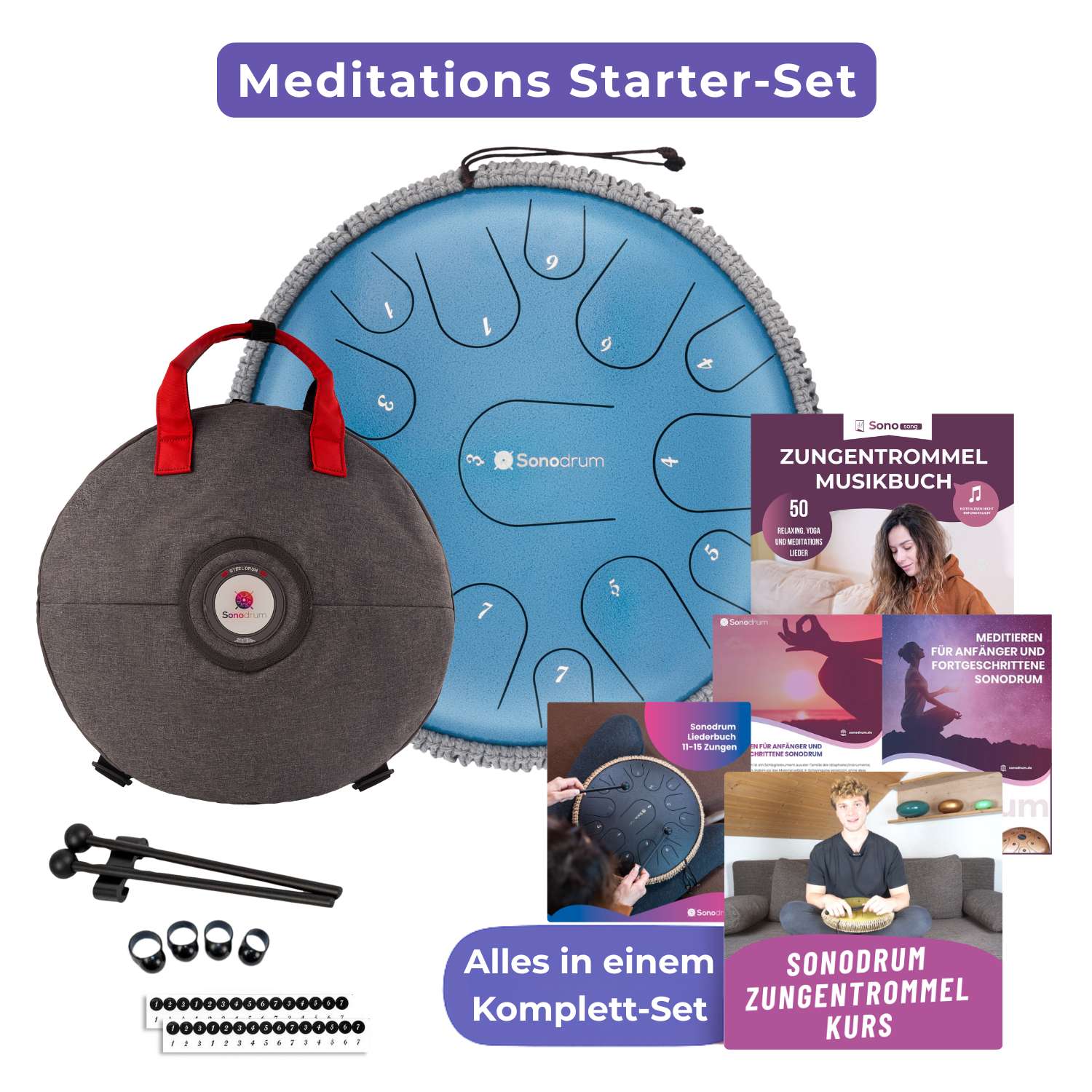 Das Sonodrum Zungentrommel Meditations Starter-Set in Blau. In diesem Bundle erhalten Sie alles in einem Komplett-Set.