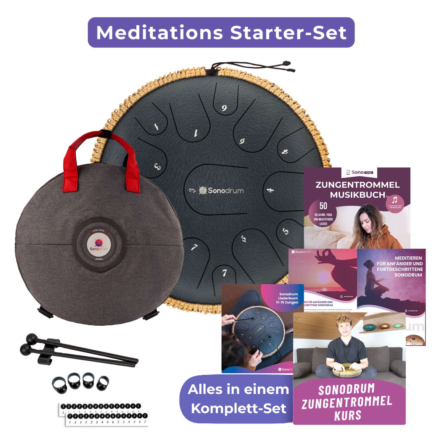 Das Sonodrum Zungentrommel Meditations Starter-Set in Dunkelblau. In diesem Bundle erhalten Sie alles in einem Komplett-Set.