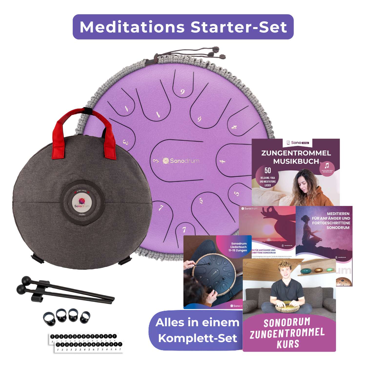 Das Sonodrum Zungentrommel Meditations Starter-Set in Flieder. In diesem Bundle erhalten Sie alles in einem Komplett-Set.