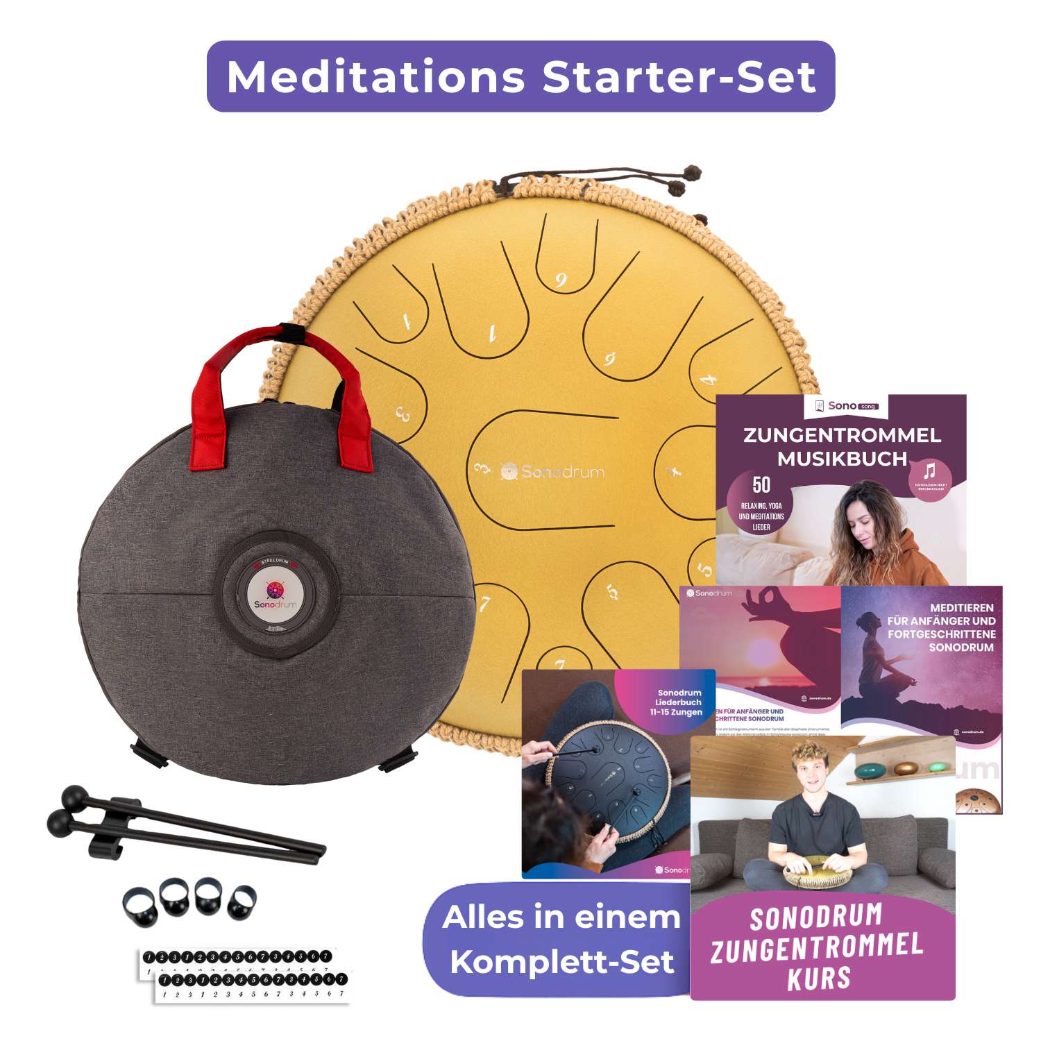Das Sonodrum Zungentrommel Meditations Starter-Set. In diesem Bundle erhalten Sie alles in einem Komplett-Set.