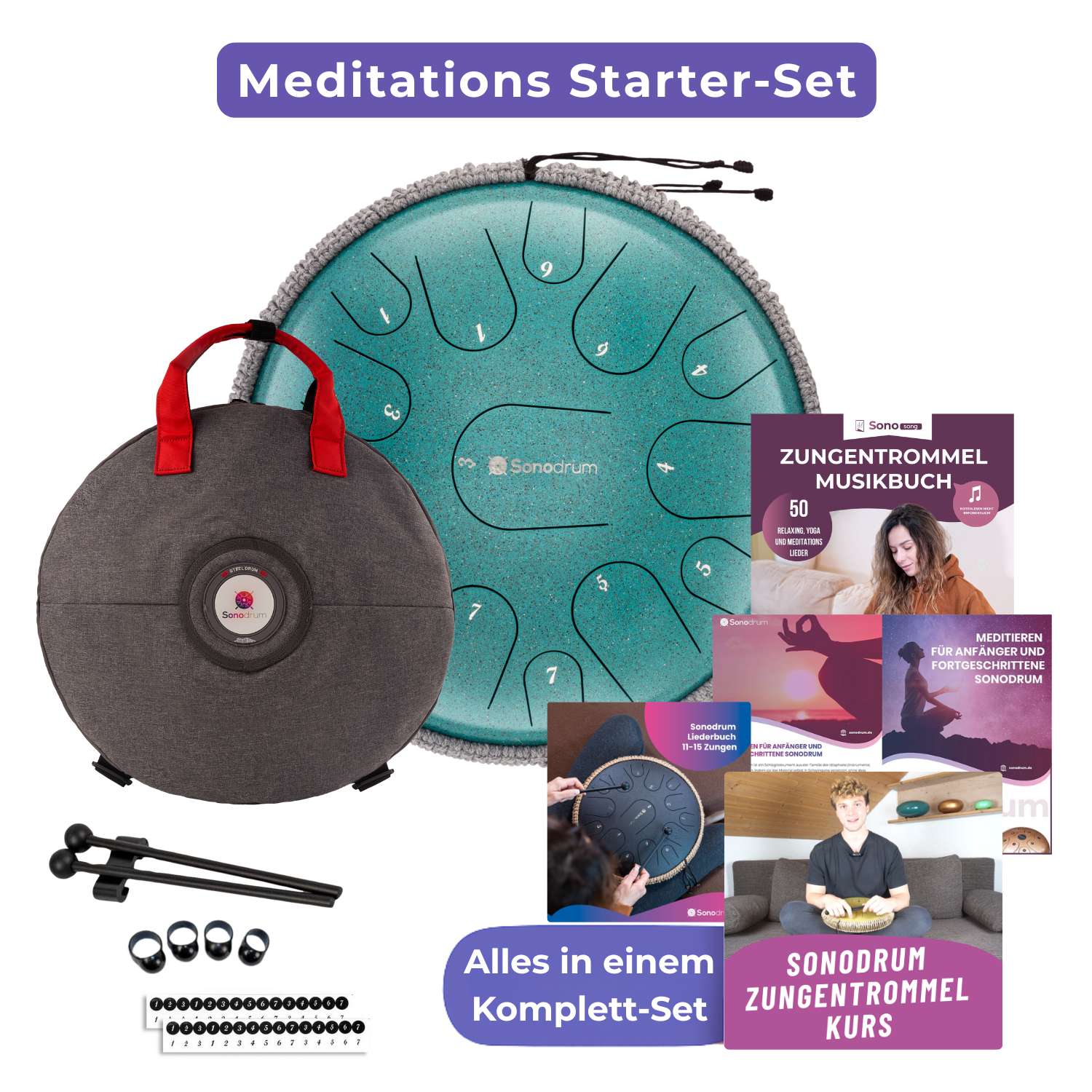 Das Sonodrum Zungentrommel Meditations Starter-Set in Grün. In diesem Bundle erhalten Sie alles in einem Komplett-Set.