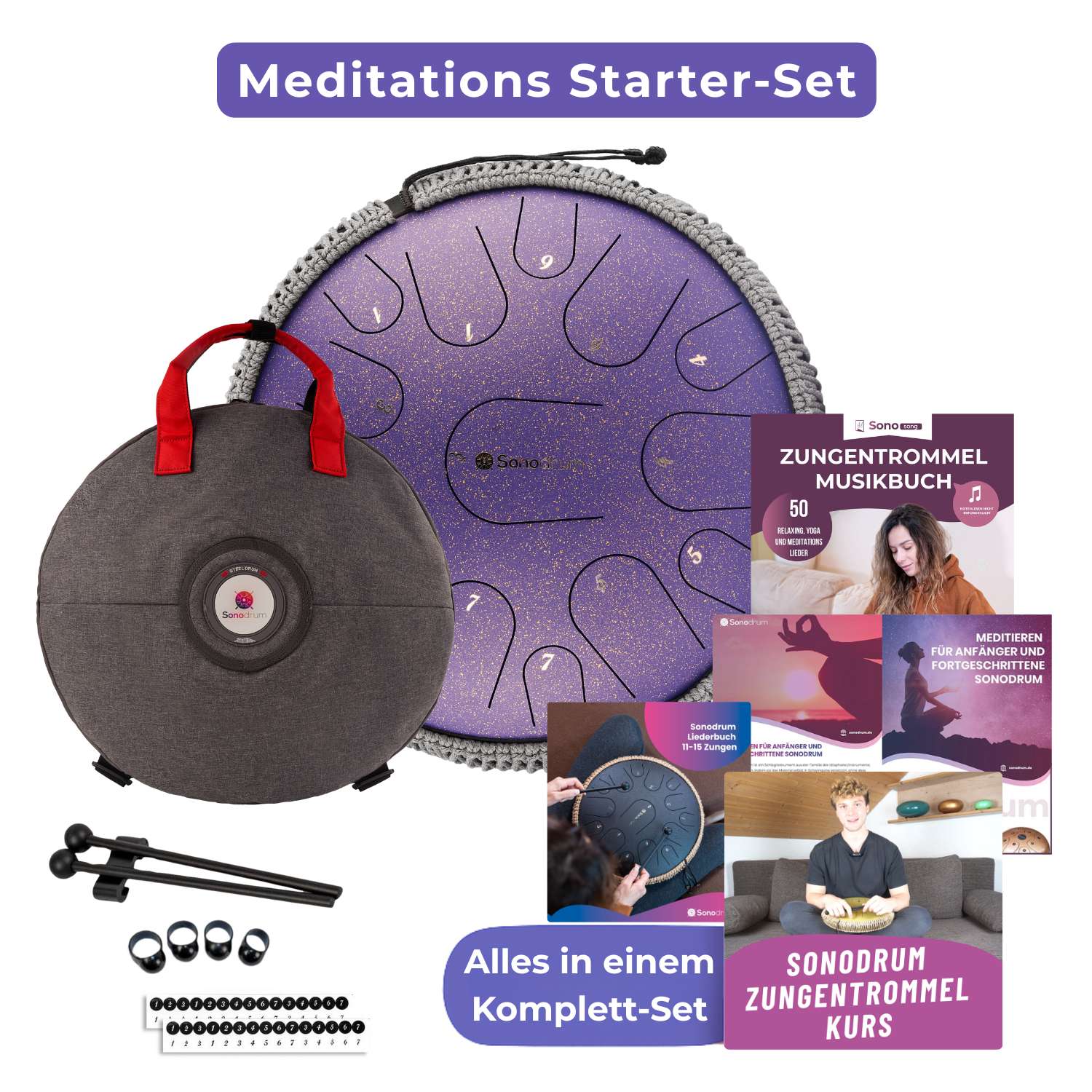 Das Sonodrum Zungentrommel Meditations Starter-Set in Lila. In diesem Bundle erhalten Sie alles in einem Komplett-Set.
