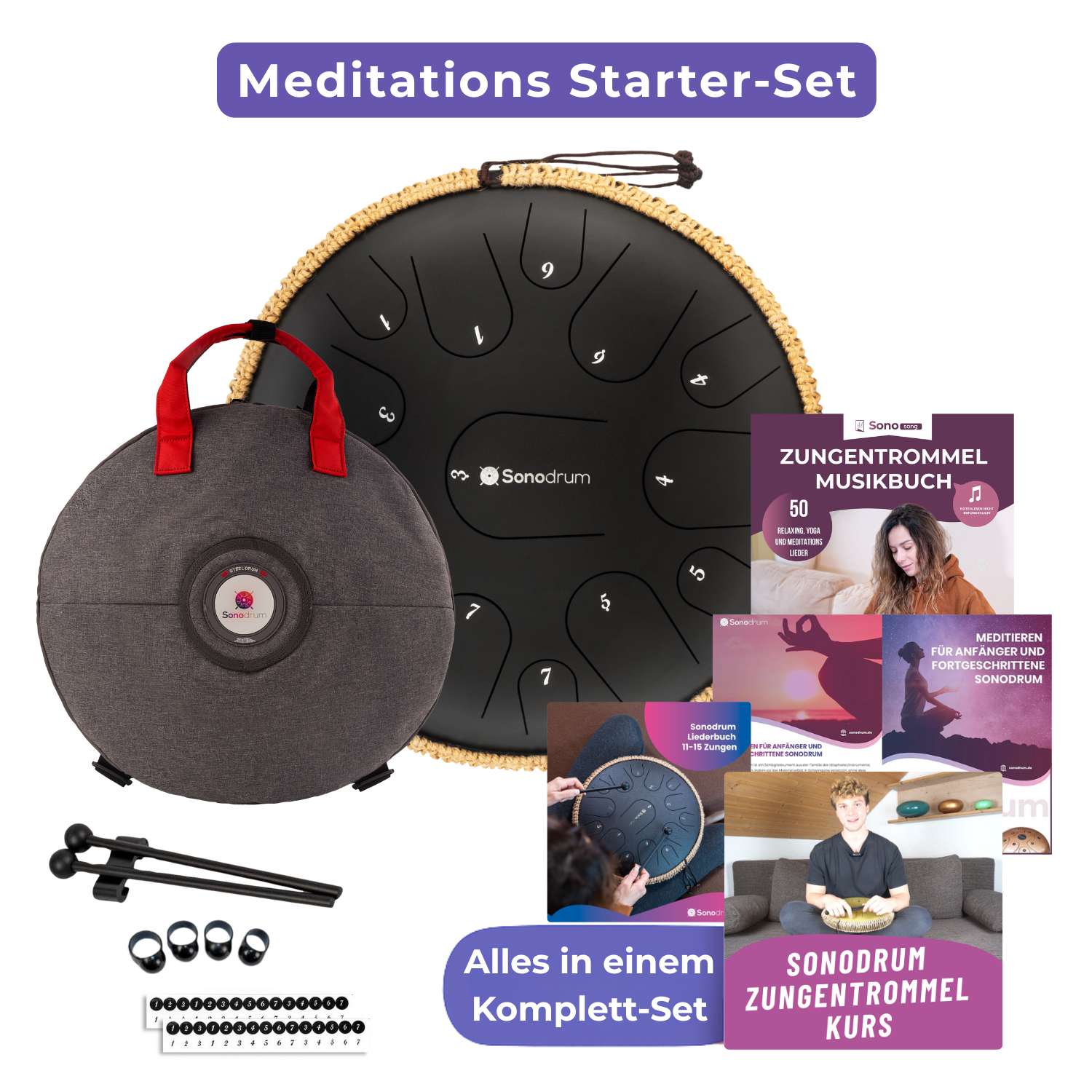 Das Sonodrum Zungentrommel Meditations Starter-Set in Schwarz. In diesem Bundle erhalten Sie alles in einem Komplett-Set.