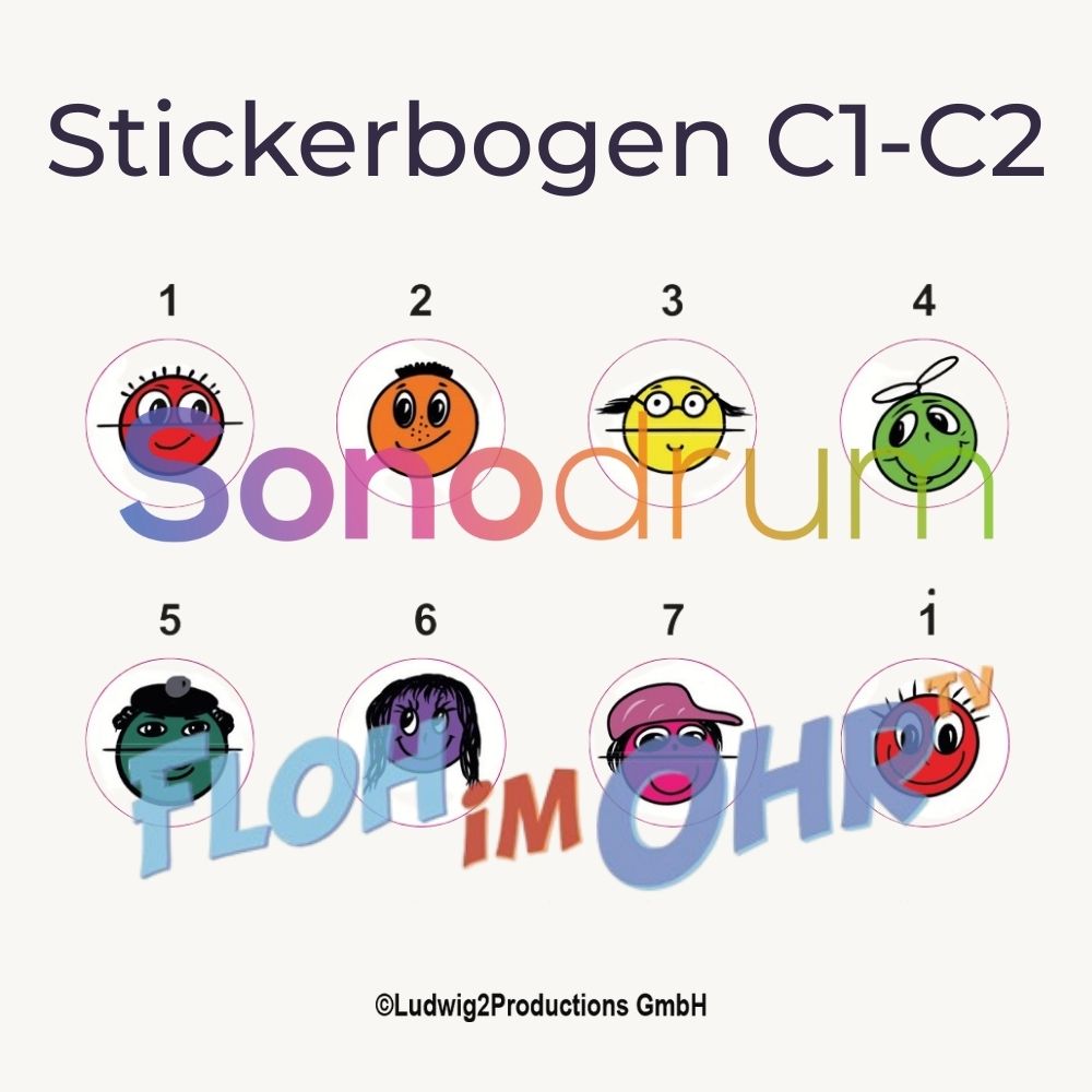 Sonodrum Let’s Play Zungentrommel - Stickerbogen einzeln für alle 8-Zungen Zungentrommeln (C1–C2) - Floh im Ohr TV