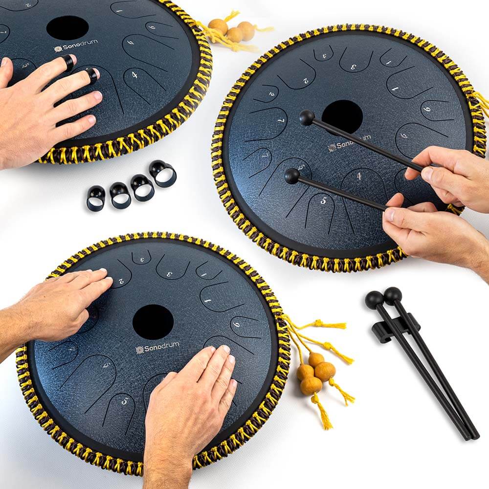 SonodrumZungentrommelExclusiveSchwarzSpielenverschiedeneVersionen-Schlagel-Fingersticks-Hand