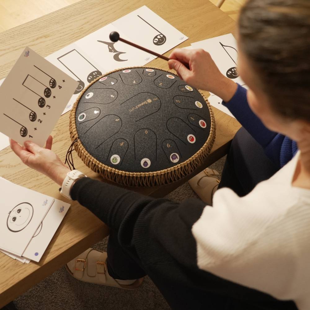 Sonodrum „Standard“ 30 cm – Rhythmus & Feeling Set – 11 Zungen + Happy Beatz® Karten & Videokurs | Floh im Ohr TV15