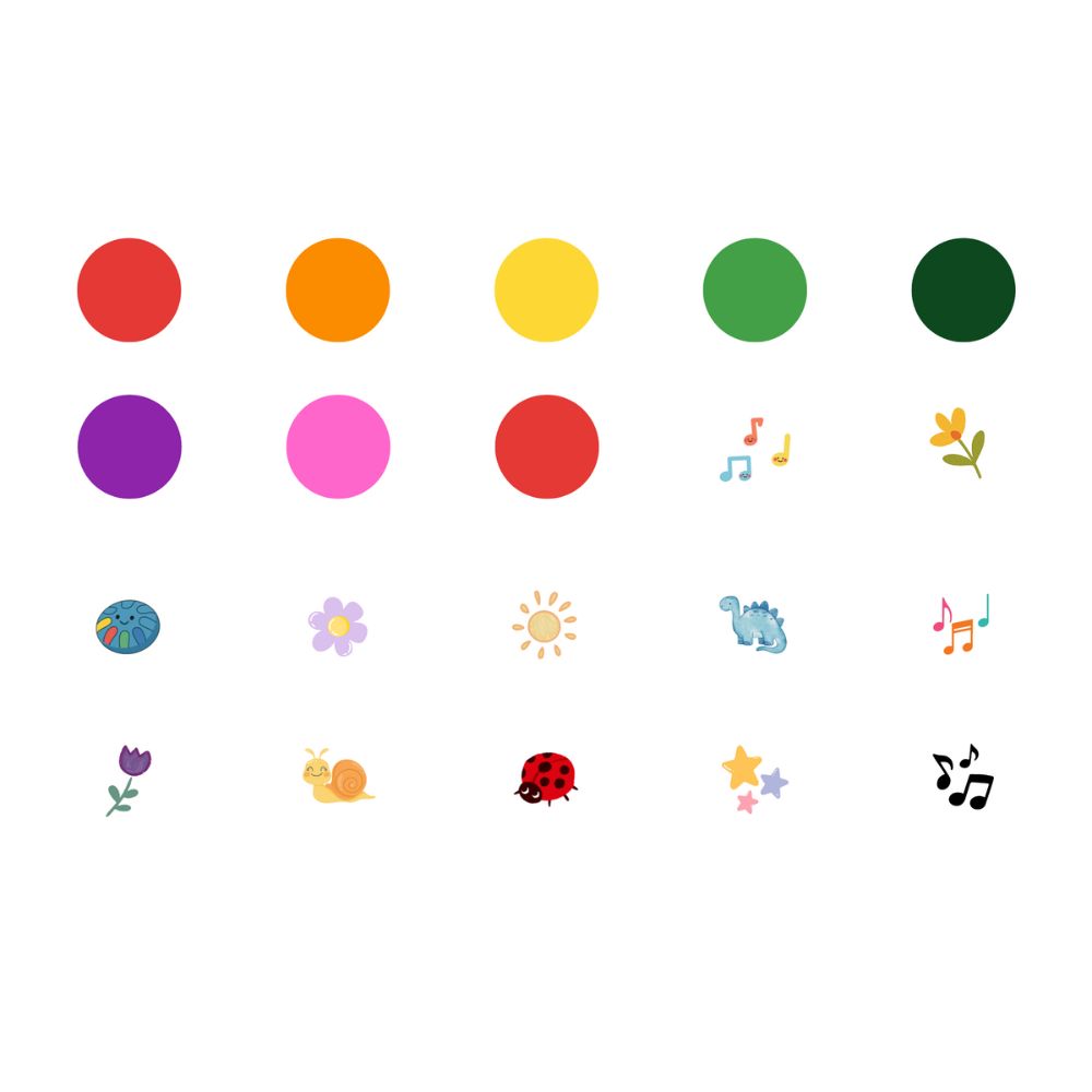 Sticker Kinderbundle für Zungentrommel – bunte Ton- und Notenaufkleber mit Symbolen, Farben und Figuren zum einfachen Lernen 