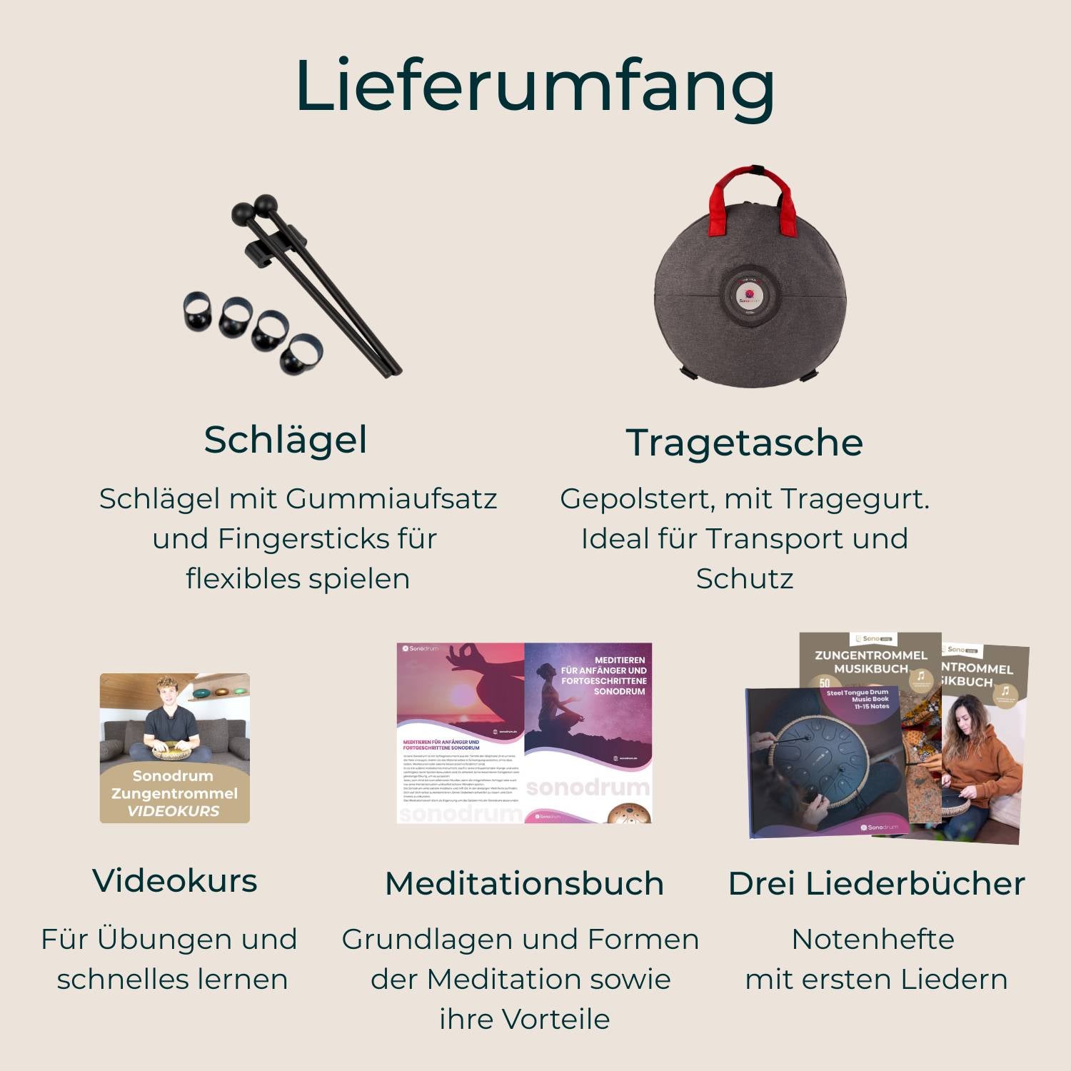 Komplettes Zubehör im Entspannungs Starter Set – Schlägel, Fingerschlägel und Schutzband