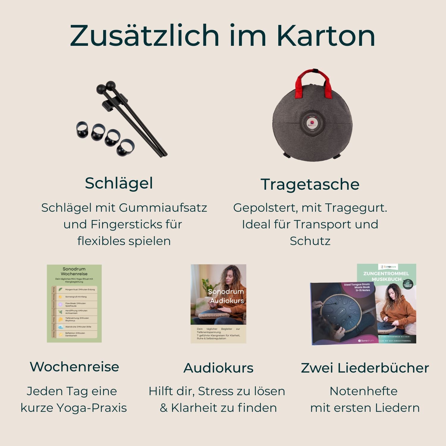 Zubehör im Yoga Starter Set – Schlägel, Fingerschlägel und Schutzband für die Sonodrum Zungentrommel, sowie zwei Liederbücher und eine Wochenreise
