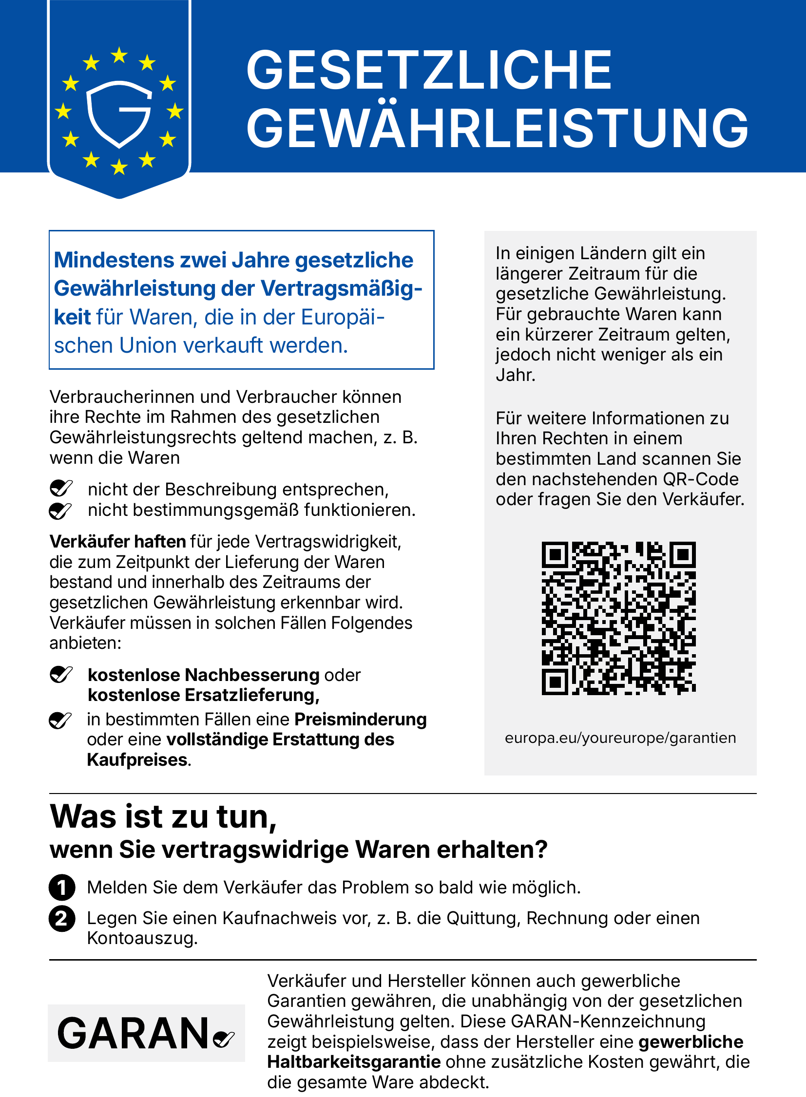 EU-Hinweis: Mindestens zwei Jahre gesetzliche Gewährleistung der Vertragsmäßigkeit für Waren, die in der Europäischen Union verkauft werden. Zum Vergrößern anklicken.