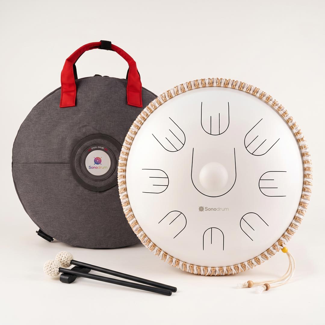 Sonodrum „Handpan Hybrid“ - handgefertigte Handpan-Alternative - 35,5cm - 9 Zungen - D-Kurd