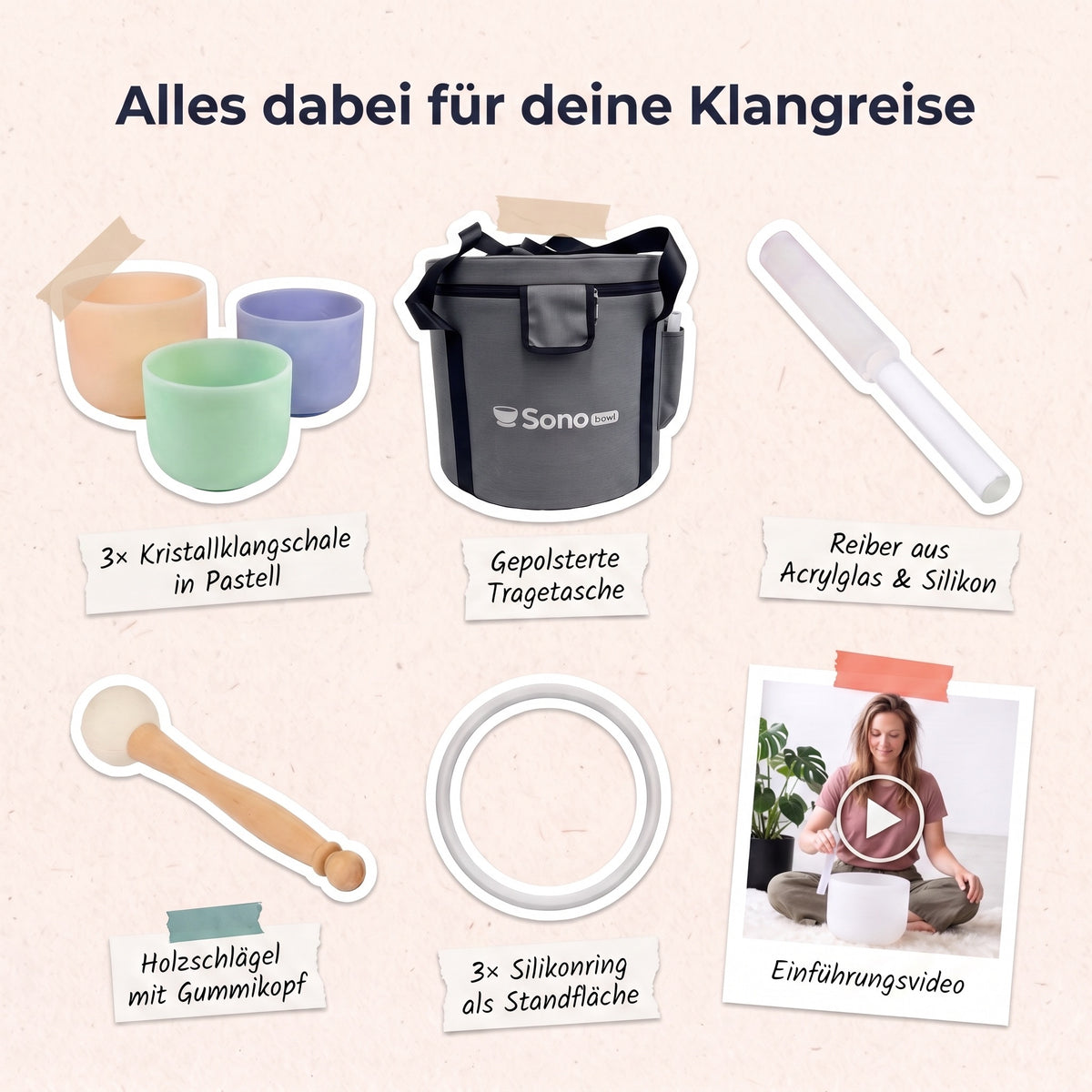 Lieferumfang 3er-Set Bloom: 3 Kristallklangschalen in Pastell, gepolsterte Tragetasche, Reiber, Holzschlägel, 3 Silikonringe, Einführungsvideo