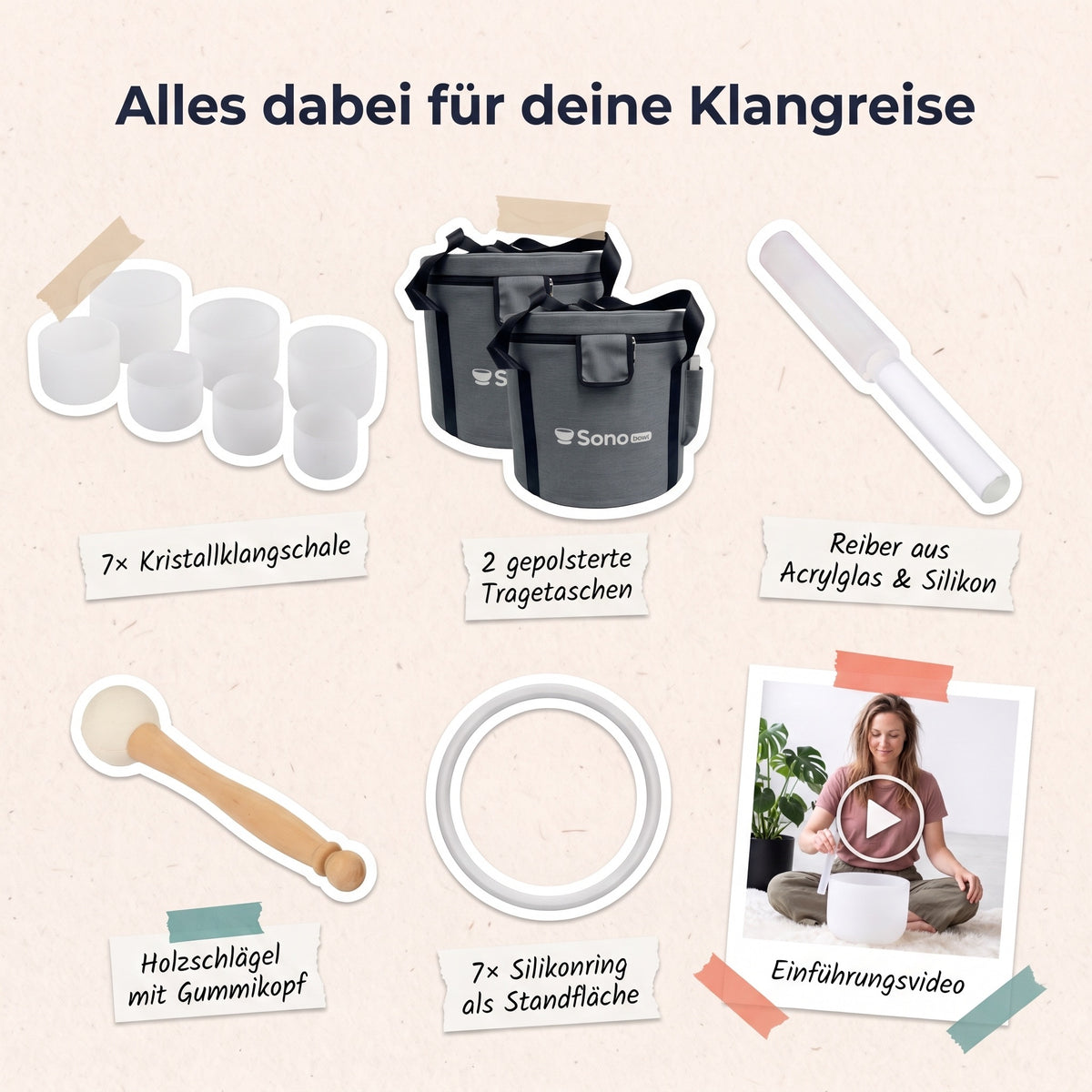 Lieferumfang 7er-Set Spectrum: 7 Kristallklangschalen, 2 gepolsterte Tragetaschen, Reiber, Holzschlägel, 7 Silikonringe, Einführungsvideo