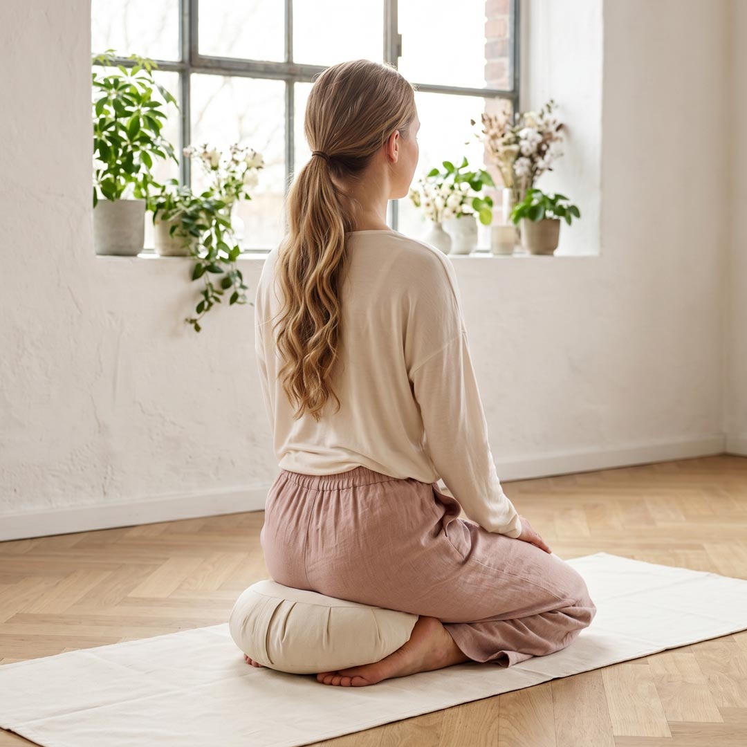 frau meditiert mit sonodrum halbmond-meditationskissen