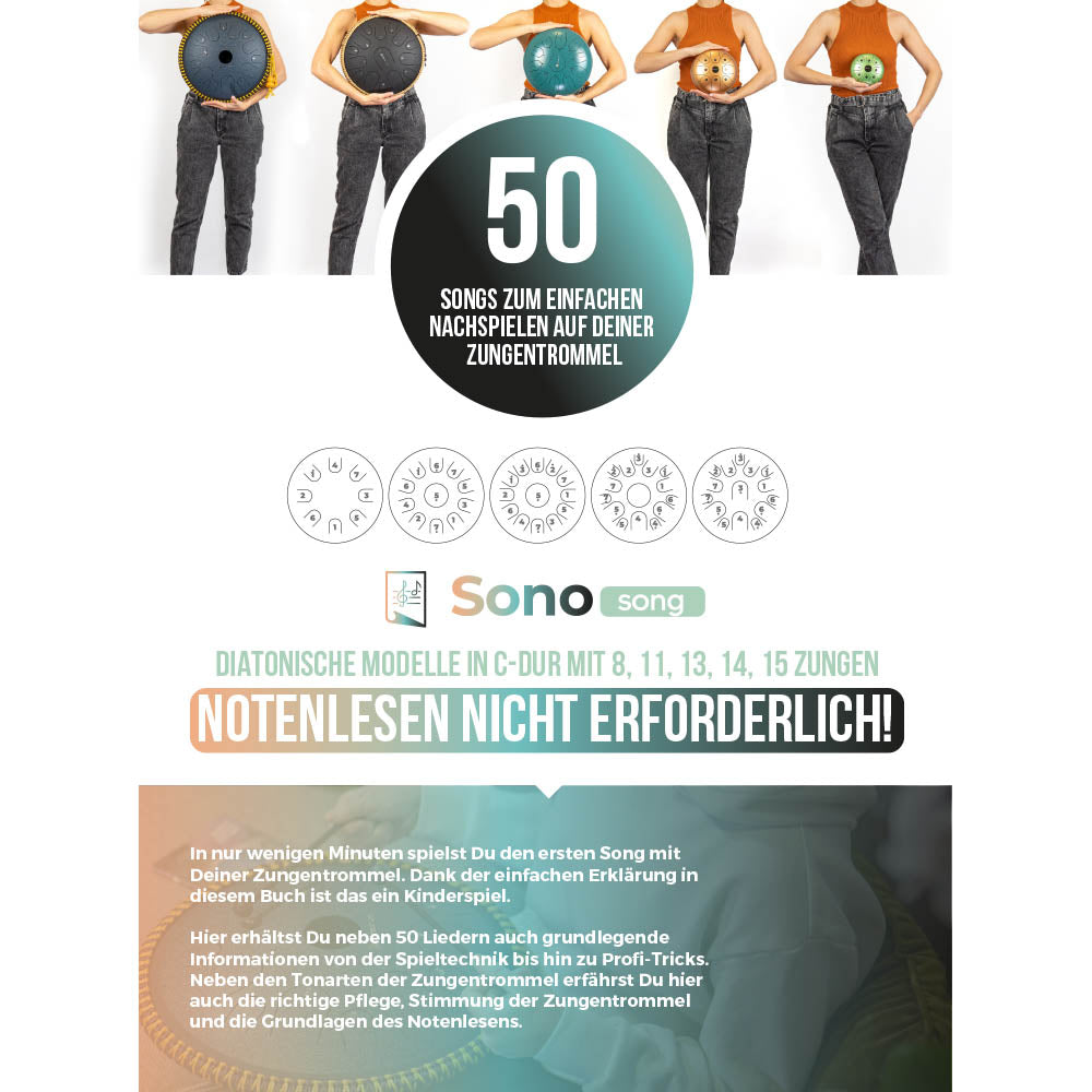 Zungentrommel Musikbuch - 50 Deutsche Kinderlieder - Für alle Zungentrommeln in C-Dur mit 8 / 11 / 13 / 14 / 15 Zungen - PDF zum Download4